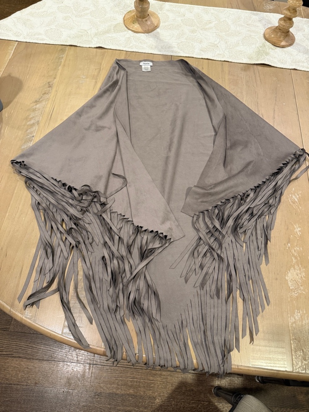 Fringed Wrap Shawl - Taupe by Tashon. Faux Suede cape/scarf